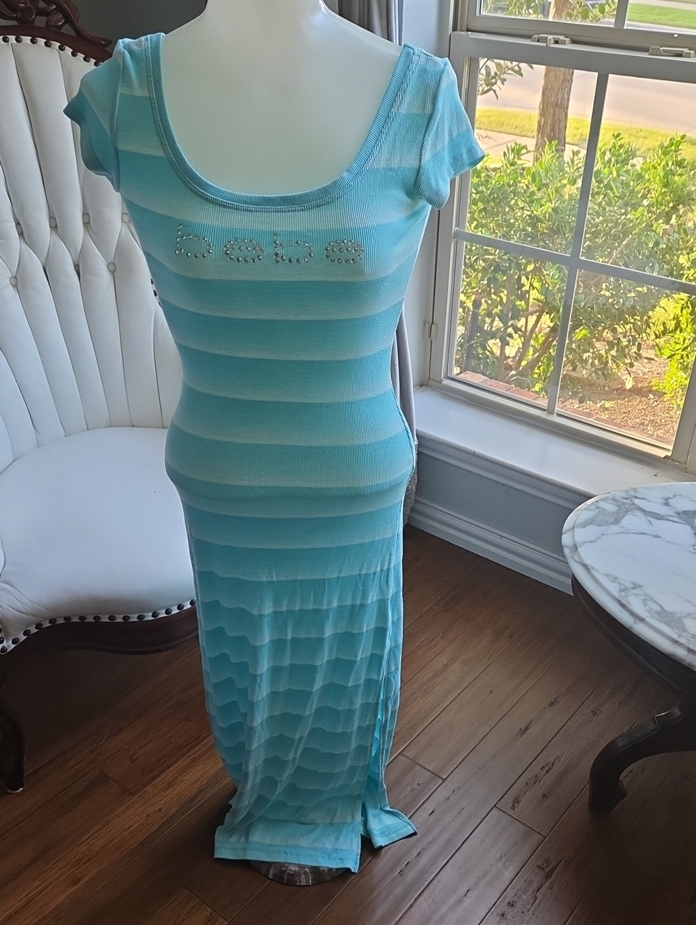 bebe Aqua Striped Scoop-Neck Maxi Dress with Logo Rhinestones